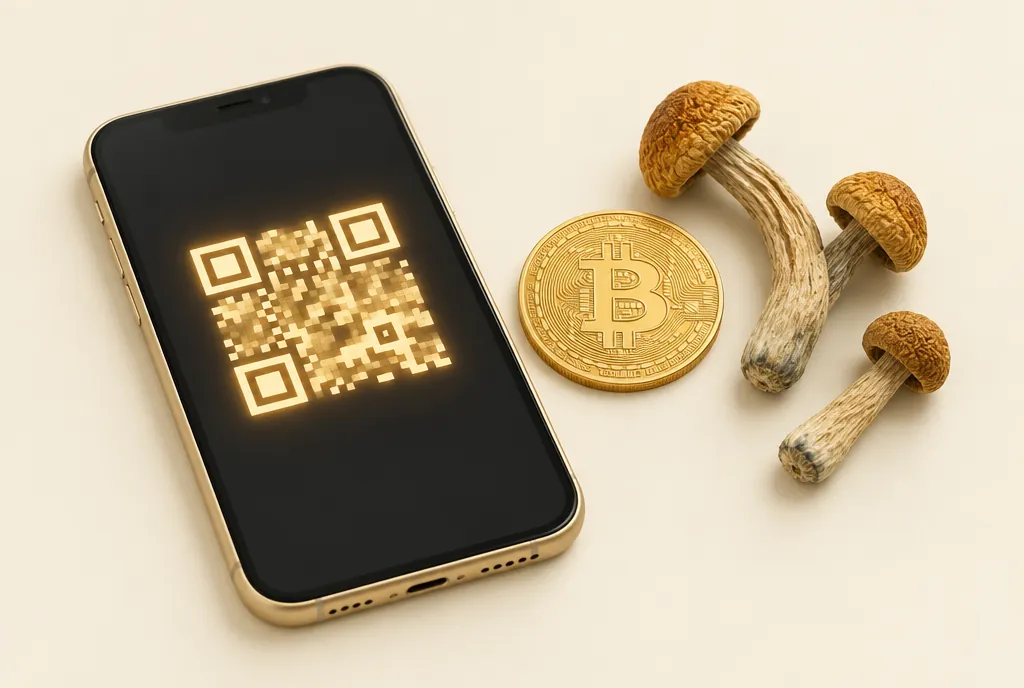 A payment QR code on a phone screen beside a Bitcoin coin and dried mushrooms.