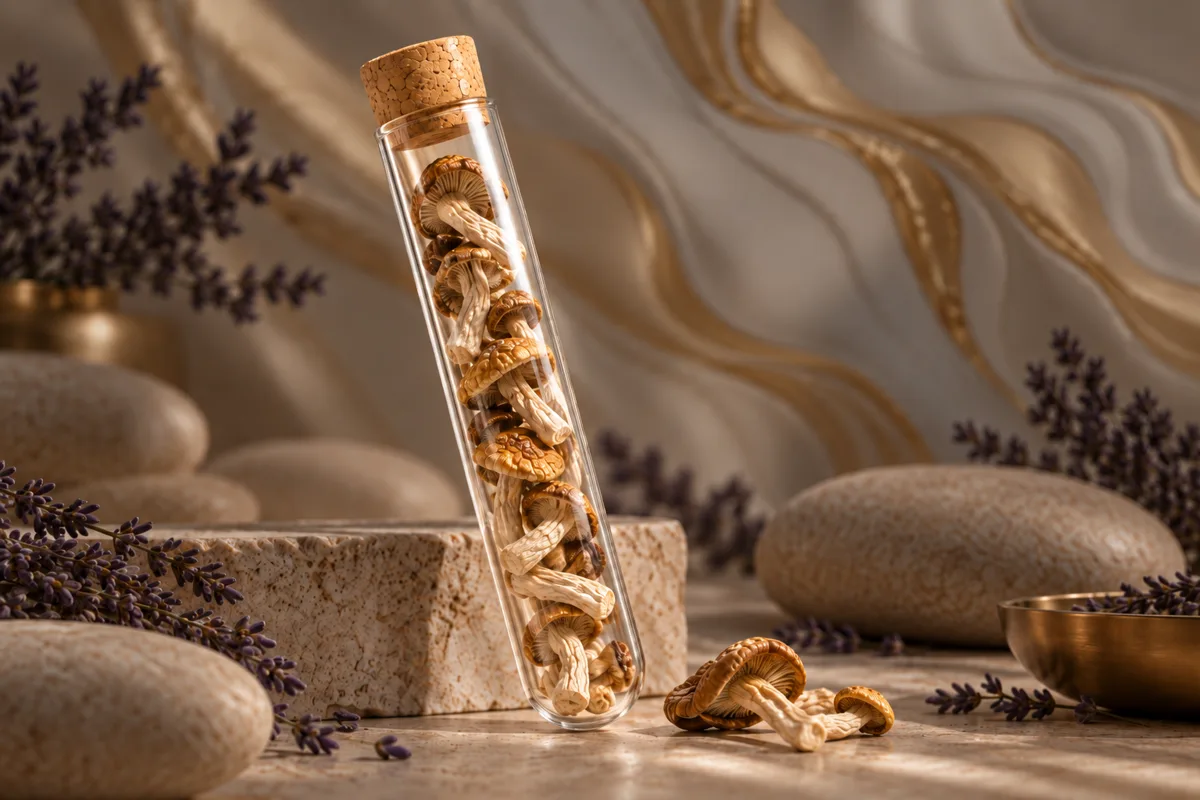 Glass sample vial holding dried mushrooms
