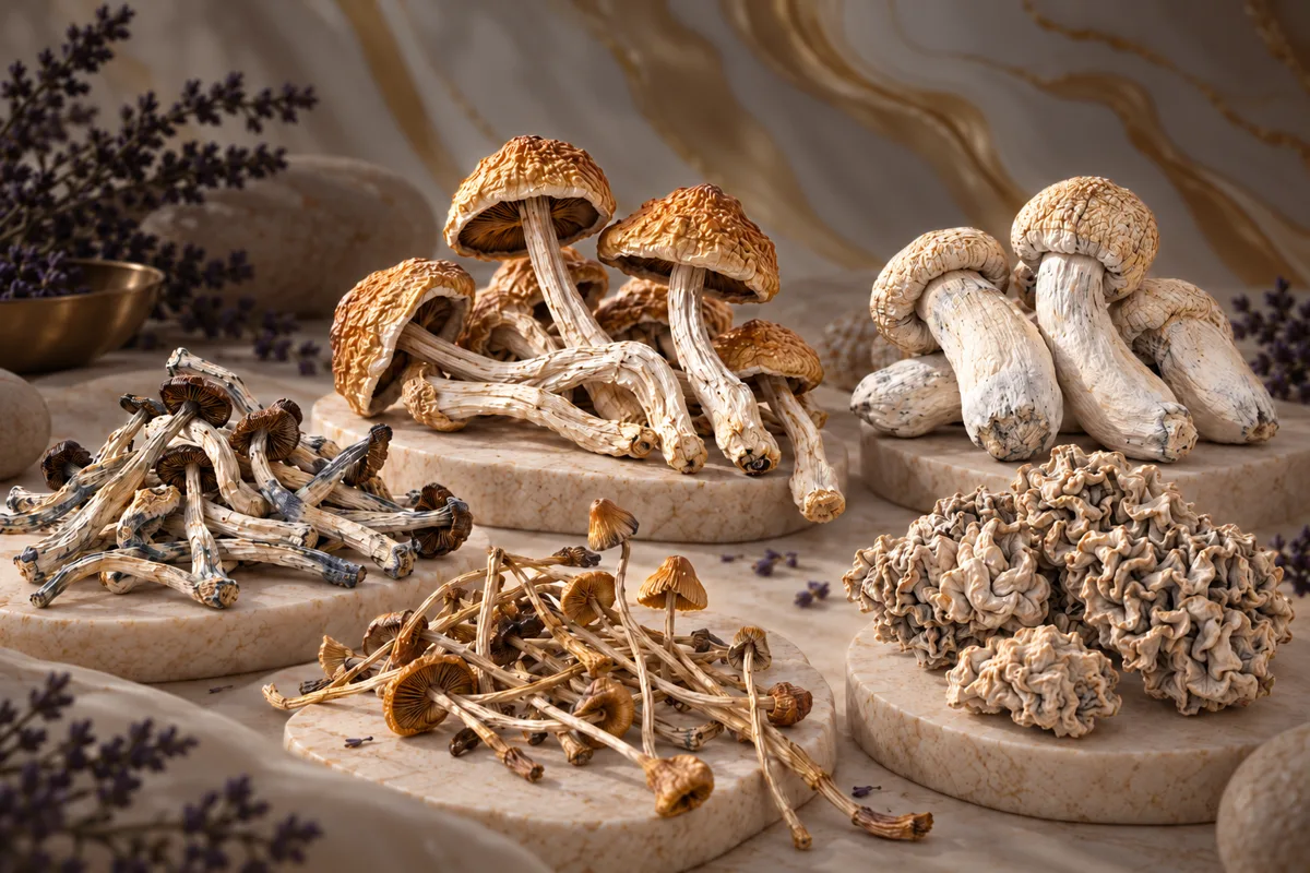 Dried exotic mushrooms arranged on stone pedestals