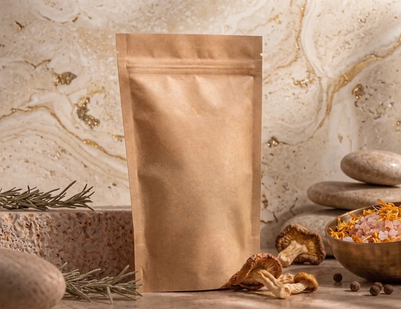 Plain brown unbranded packaging on cream fabric